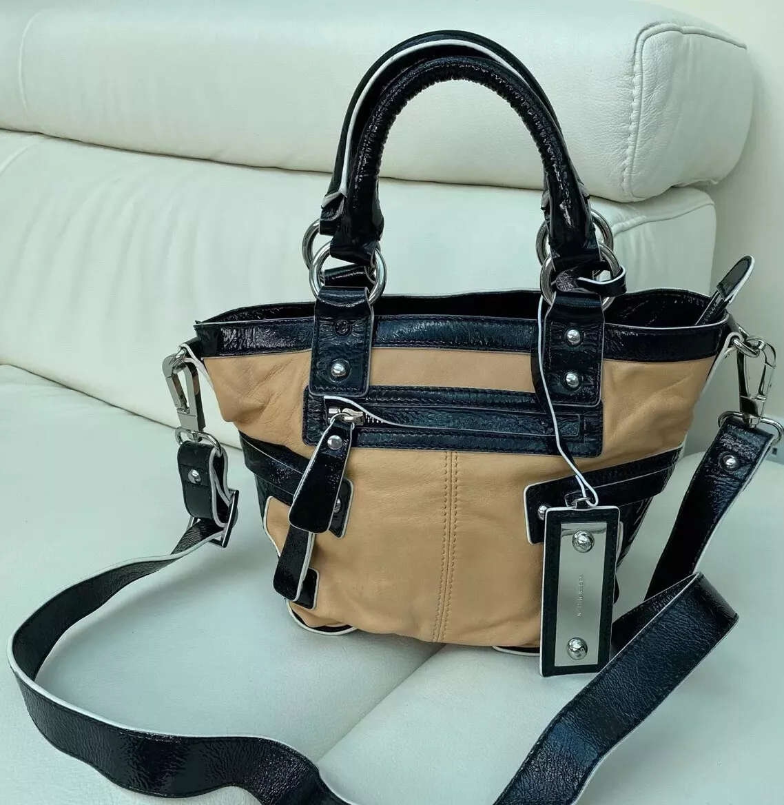 Karen Millen light tan leather and black patent grab bag eBay