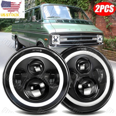 New Fit for Dodge B100 B200 B300 1971-1978 Van PAIR 7'' Round LED Headlights Halo
