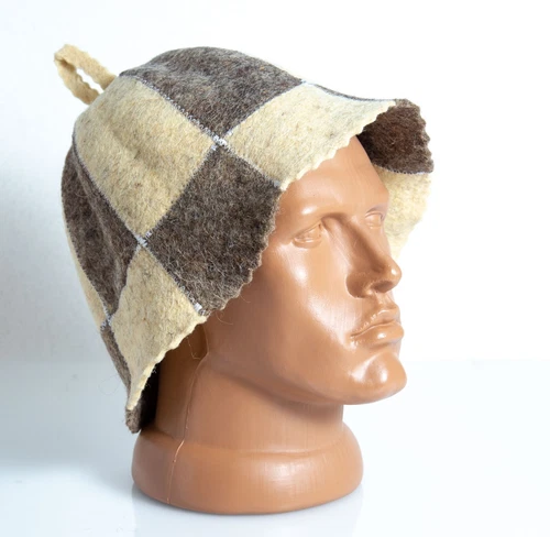 Sauna hat Woolen Felt Ukrainian banya Gray Ivory Sheep Striped Chess cap