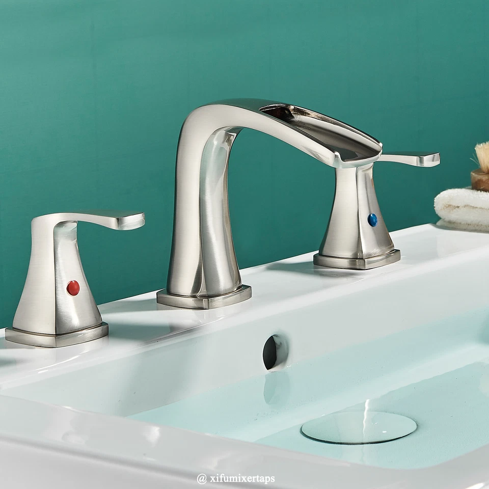 "Grifo de lavabo de baño de cascada de 8"" mezclador de tocador de níquel cepillado de 3 orificios" Foto 2 de 4