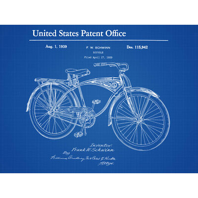Schwinn Fahrrad Design 1939 Patentplan großer Wandkunstdruck 18 x 24 Zoll