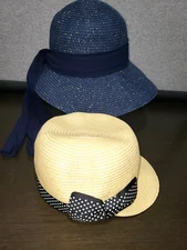 2 new Sun 100% Paper Straw Hats Blue w/ Wide Brim & Beige Cup Bow Accent M/L