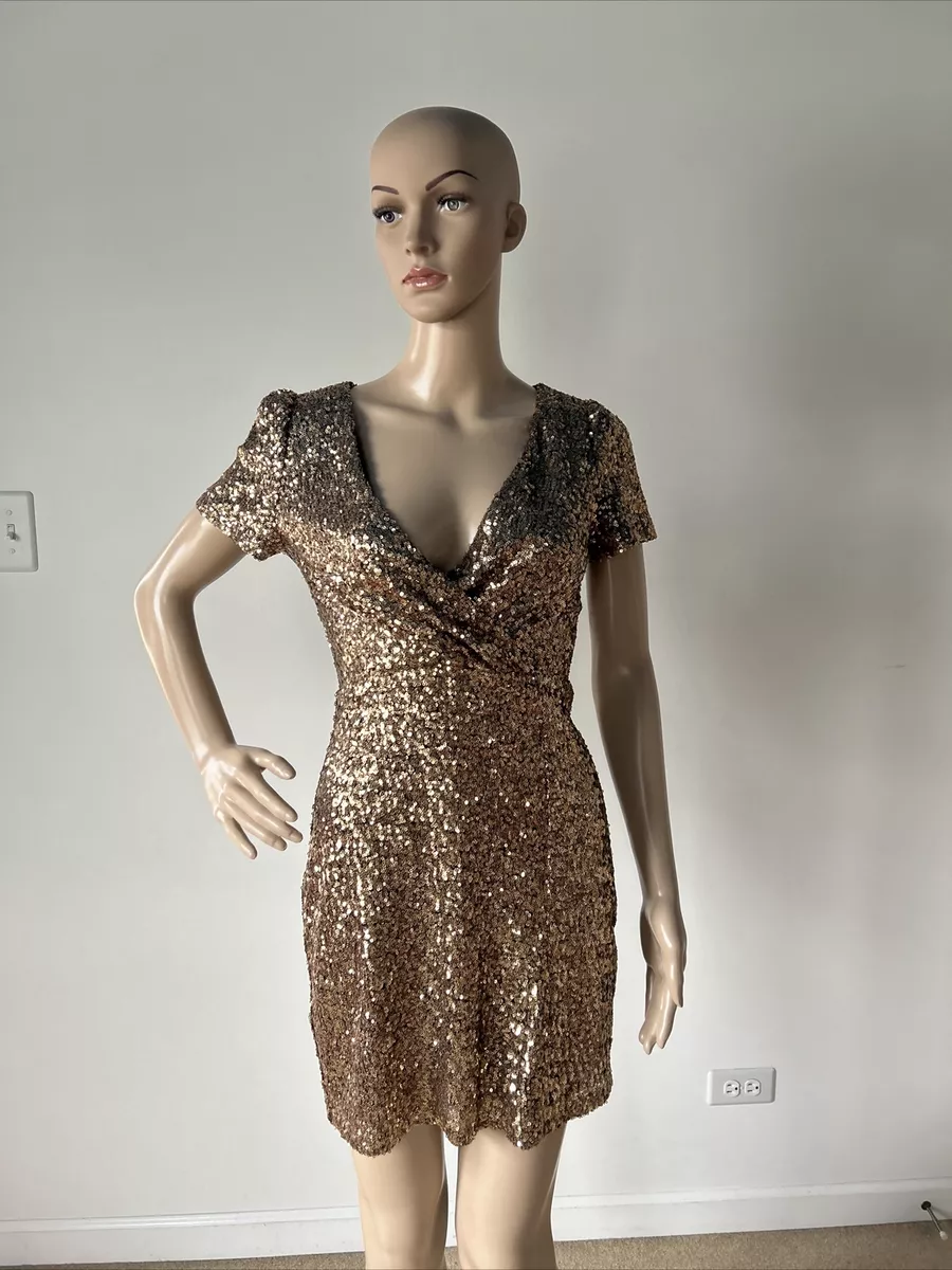 Akira Gold Sequined Cocktail Party Dress Sparkly Metallic V Neck Short Sleeve S