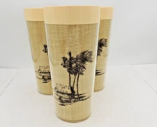 3 MCM Raffia Plastic Tumblers Island Scene Palm Trees Vintage Mid Century