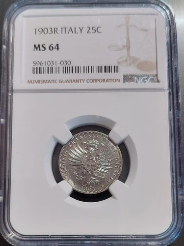 Terrific 1903 R ITALY 25 Centesimi Graded Slabbed NGC MS64 - LOOKS STUNNING!!!