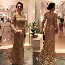 Elegant Mermaid Mother Of The Bride Dresses Long Sleeves Gold Lace Evening Gowns