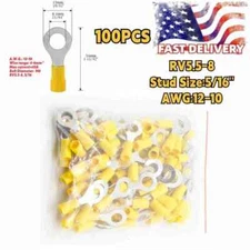 100pcs Yellow Vinyl Ring Terminal Connector 12-10GA Gauge 5/16" Crimp Wire Power