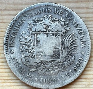 SILVER  5 BOLIVARES VENEZUELA 1889