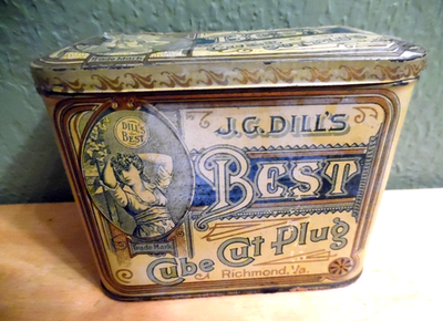 VINTAGE J.G. DILLS BEST CUBE CUT PLUG TOBACCO TIN HINGED TOP