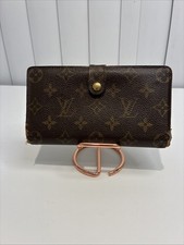 VTG LOUIS VUITTON Brown Monogram Canvas RARE Leather Clutch Kiss Lock Authentic