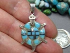 Vintage MAMMA & BABY TURTLE Sterling Silver Faux TURQUOISE Pendant Hallmarked