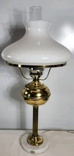 Vintage Brass Hurricane Lamp Italian Marble Base Milk Glass Shade+Chimney 25"H