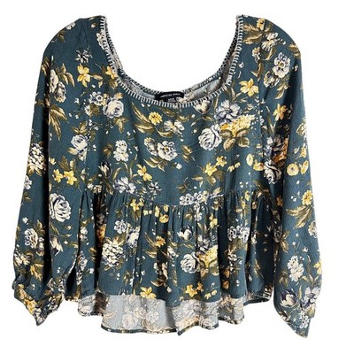 American Eagle Crop Top Women's SMALL 3/4 Sleeves Blue Yellow White Floral