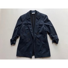 Bar III Women's Dark Navy 3/4 Ruched Sleeve Faux Double-Breasted Blazer Size M
