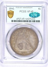 1841 SEATED LIBERTY DOLLAR PCGS XF45 CAC CHOICE ORIGINAL SURFACES TONED