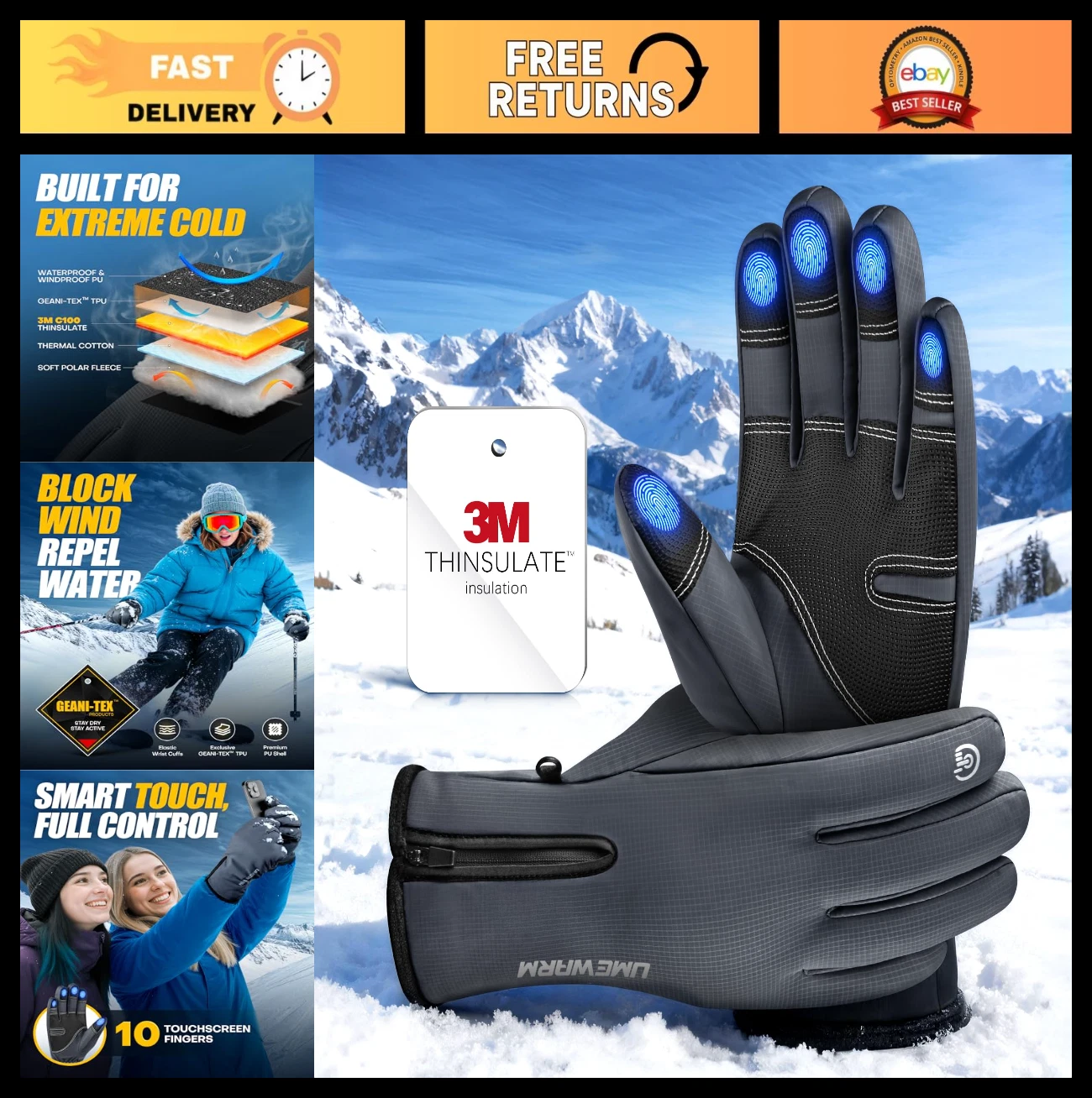 Waterproof Winter Gloves for Men & Women -20°F, 5-Layer Thermal Ski Gloves, Touc