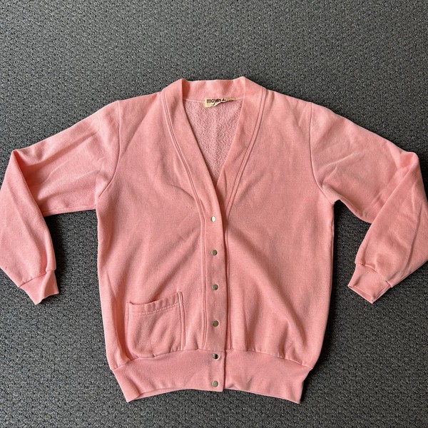 Vintage Womens V Neck Cardigan Size 12 Full Button Down Pink Movin Free Coatigan