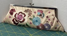 Lord Taylor Satin Beaded Embroidered Clutch Ivory Jeweled Clasp