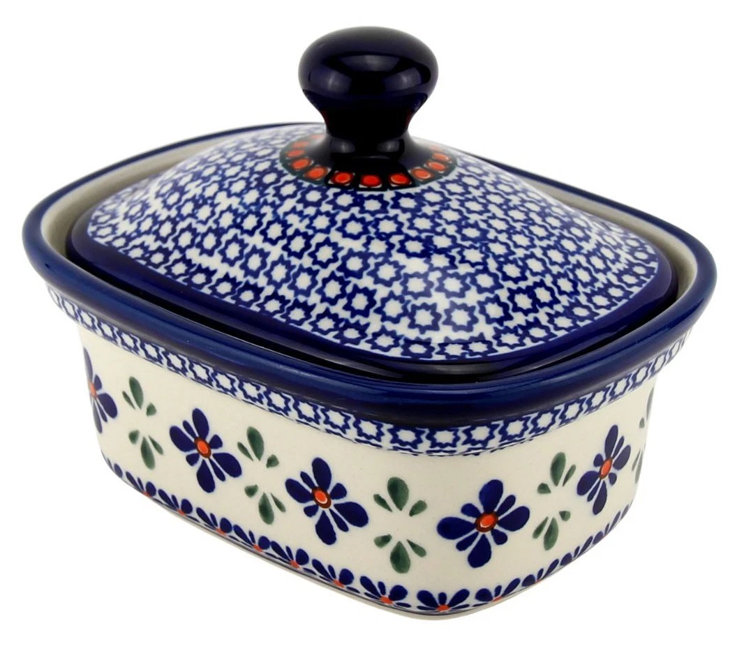 Polish Pottery Butter Dish / Container with Lid, 5.75" L x 4" W x 4" H, 14 Oz.