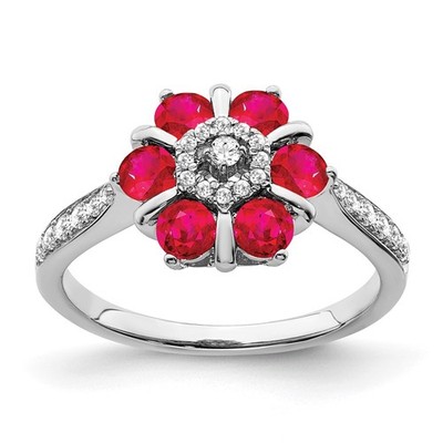 14k White Gold 1.12 Ct Ruby and Diamond Floral Ring for Women Size 7