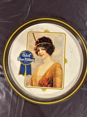 Pabst Blue Ribbon PBR Sign Vintage Copper Plated Back W/ Flapper Model Image.