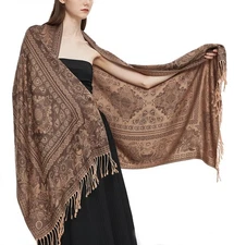 Pashmina Shawl Wrap with Ethnic Paisley Two-Tone Jacquard Scarf for Women