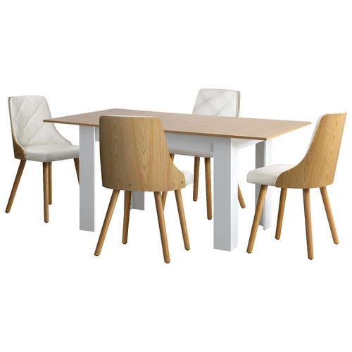 Oikiture 160cm Extendable Dining Table with 4PCS Dining Chairs PU Leather White - Picture 6 of 7