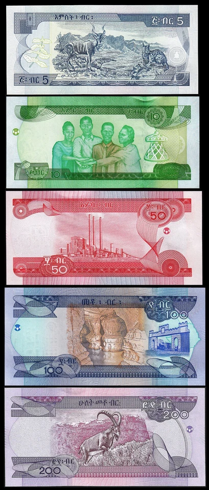 Ethiopia, 5 PCS SET, 5 10 50 100 200 Birr 2015 - 2023, UNC, P-47 53 54 55 56 - Image 2 of 4