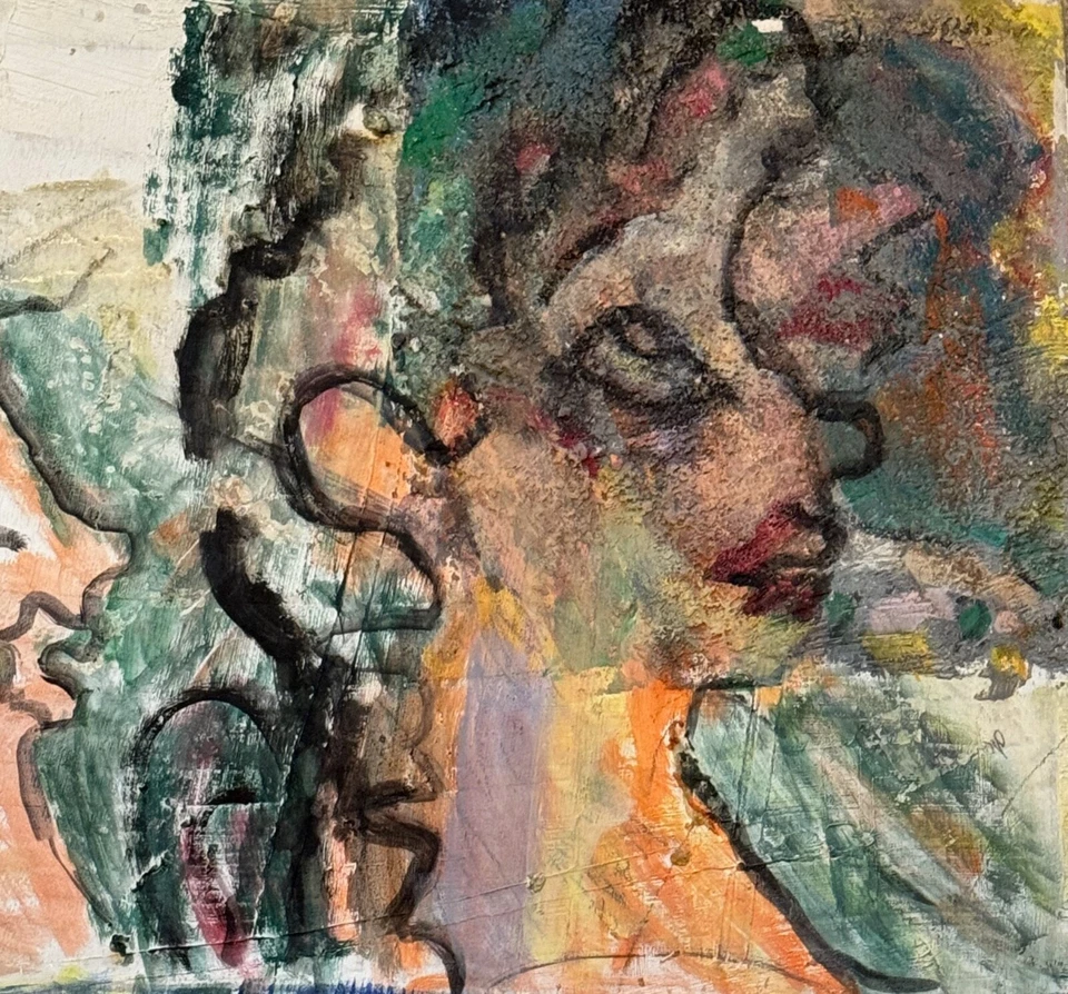 Vintage Textured Abstract Figural Heads Painting Mixed Media Art Signed Pollack - Image 3 of 4