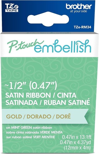 Brother P-Touch Embellish Gold Print on Mint Green Satin Ribbon TZERM34 ½” Wide - Picture 2 of 9