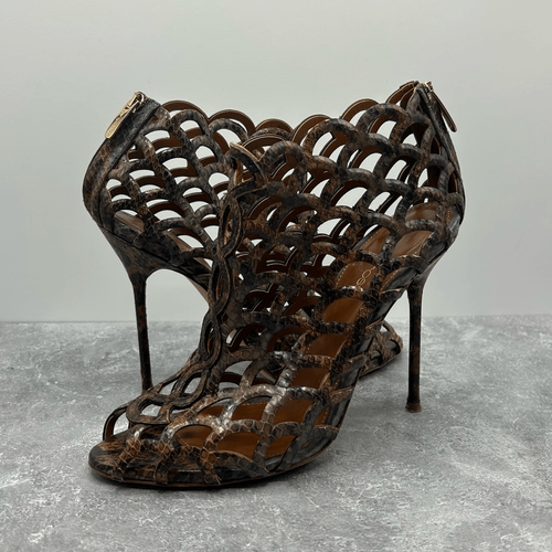 Sergio Rossi Womens Brown Animal Print Mermaid Pumps Size 38 Leather Peep Toe - Picture 3 of 13