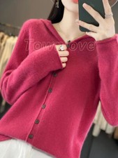 Autumn Winter New 100 Pure Wool Hooded Cardigan Women's Solid Color Sweater