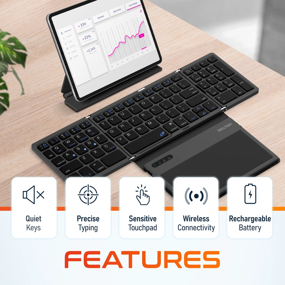 Delton F92 Foldable Portable Wireless Keyboard with Touchpad - Black - Image 2 of 4