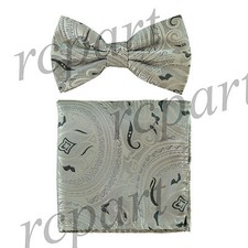 New Men Pre-tied Bow Tie  hankie set paisley floral silver gray formal wedding