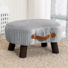 Small Curved Foot Stool with Leather Handle Velvet Footstool and Ottomans, Gray
