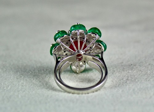 Certified Natural Burma Ruby 10ct Emerald Cabochon Natural Diamond 18k Ring - Picture 5 of 14