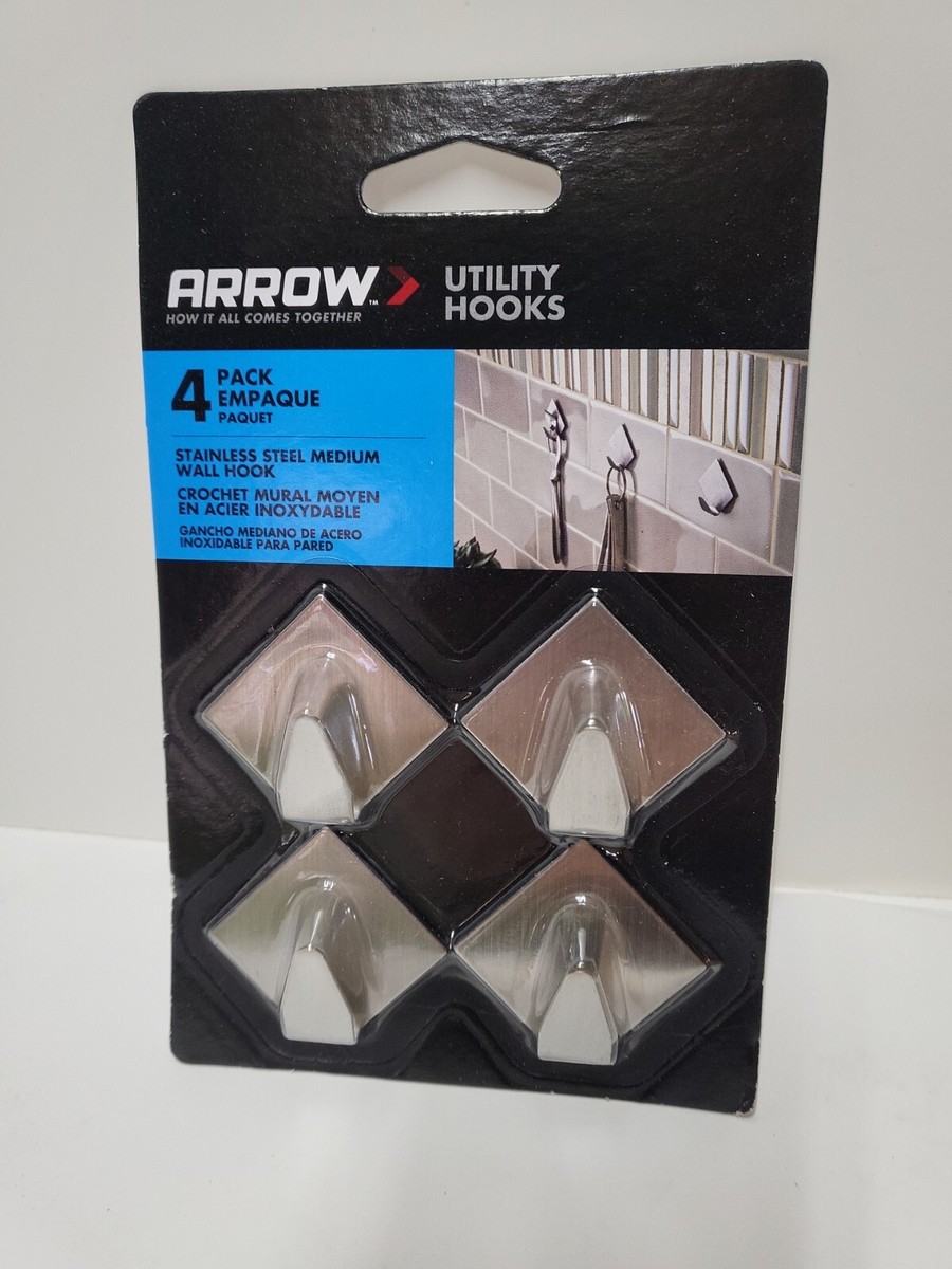 Arrow Stainless Metal Medium Utility Wall Hook 10lb Peel Stick Mount NEW  Pack