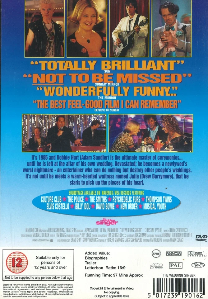 The Wedding Singer (1998) DVD, Adam Sandler, Drew Barrymore, Christine Taylor - Image 2 of 2