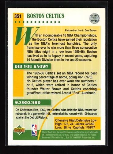 1992-93 Upper Deck 93 LOGO HOLO #351 Dee Brown TFC (EX)(BSK) - Picture 2 of 2