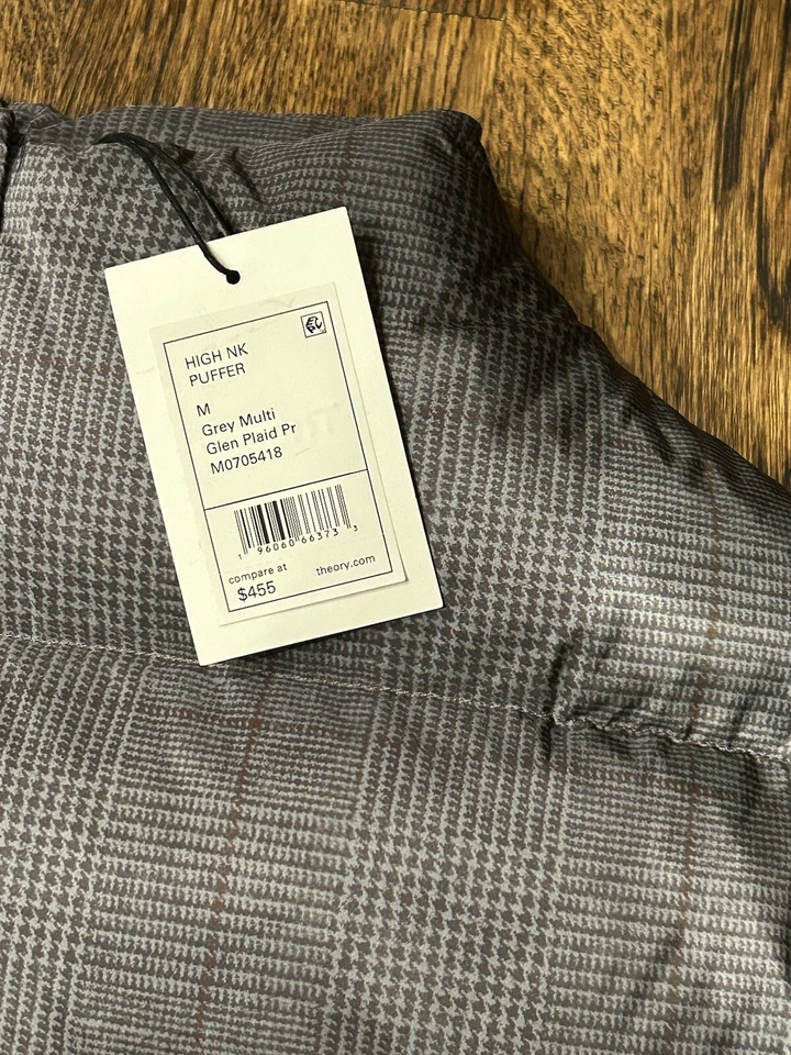 $455 Theory Glen PLAID High Neck DOWN Jacket PUFFER Women Medium Grey Multi - Image 3 of 4