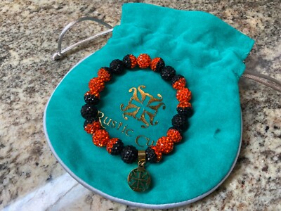 NEW!! Rustic Cuff Bracelet Stretch EMERSON Black & Orange w/ Gold Charm & Pouch