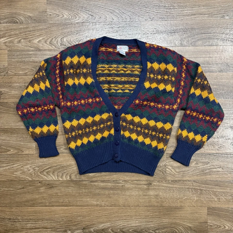 Suéter cardigã feminino multicolorido anos 90/antigo Weston Wear Fair Isle tamanho P - Imagem 2 de 4