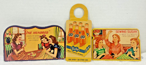 3 Vintage Sewing Needles Holders Advertising Bireley’s Fruit Drinks Sewing Susan