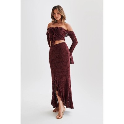 MESHKI Artemis Lace Crop Top Maxi Skirt Set in Plum Size Medium/Large NWT