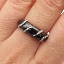 925 Sterling Silver Black Enamel Round-Cut White C Z Ring Size 6.5