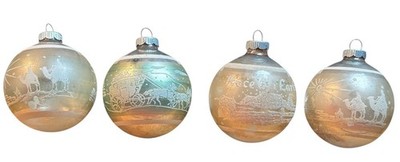 4 VTG Shiny Brite Stenciled Ornaments Wisemen Peace On Earth Snow Covered House