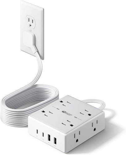 10ft Extension Cord with Multiple Outlets, Flat Plug Surge Protector Power Strip