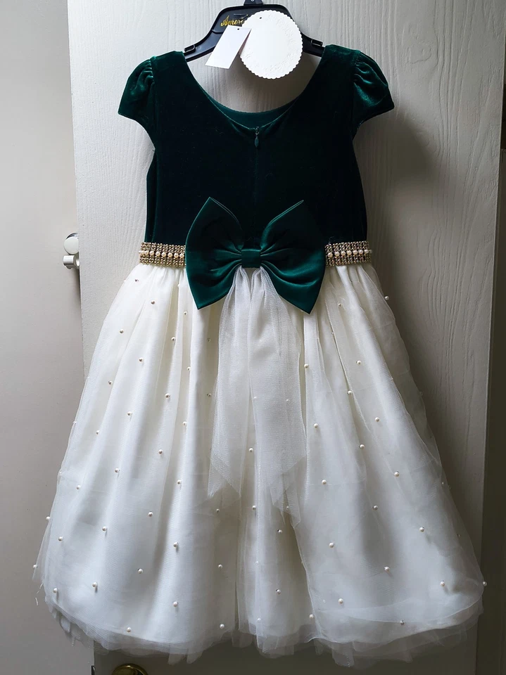 Vestido AMERICAN PRINCESS Niñas Pequeñas Talla 8 Verde Terciopelo/Marfil Perla Estrás Foto 4 de 4