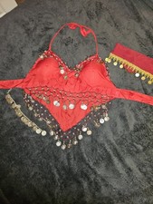 Red Belly Dance Costume Halter Bra Top Gold Coins Sequins Festival Rave...