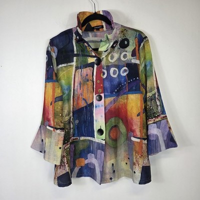 Damee Jacket Womens L Abstract Print Art To Wear Lagenlook Colorful 3/4 Sleeve